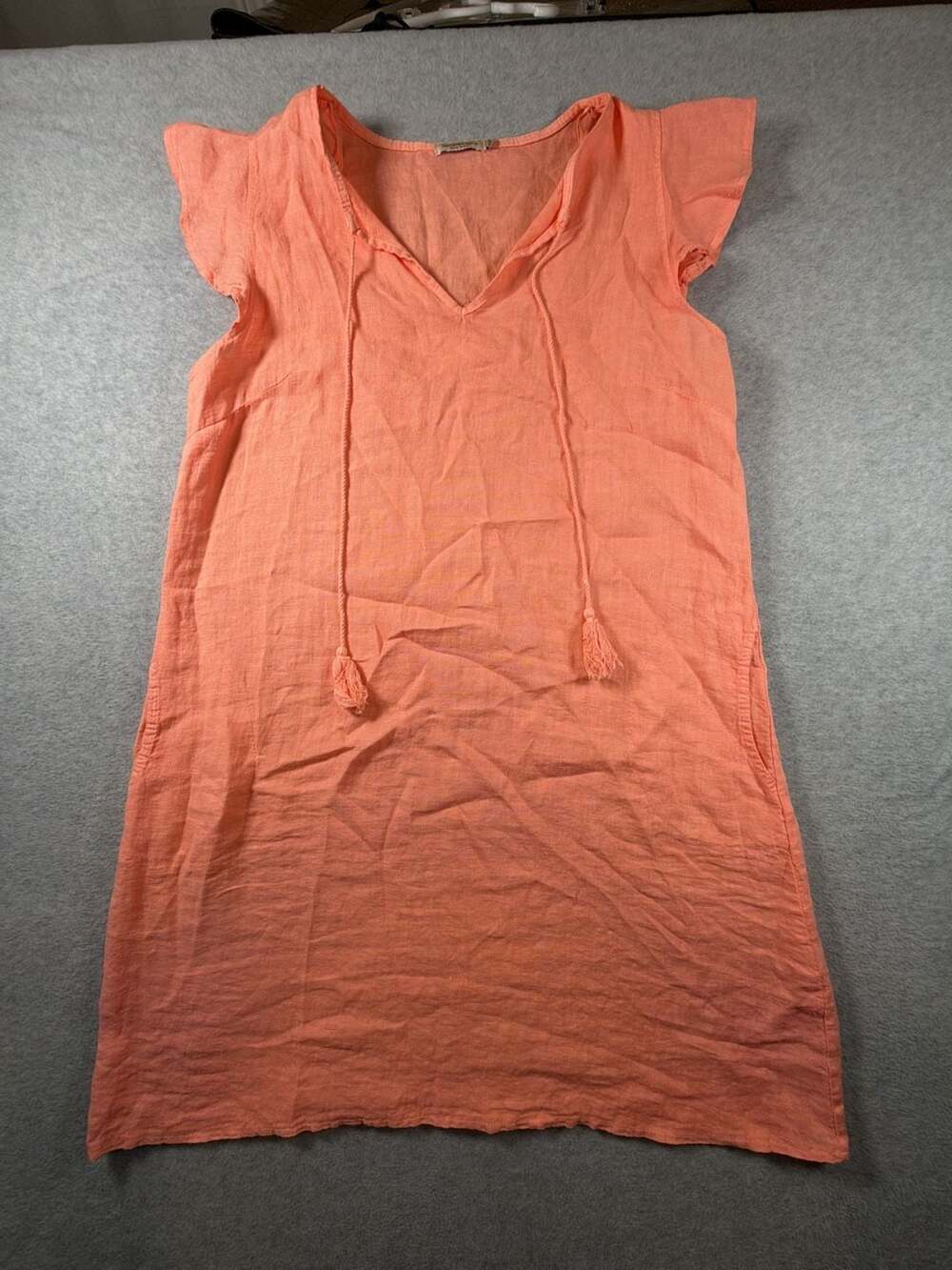 Valentina Naldi Italy Women's Peach 100% Linen Flutter Sleeve Shift Dress
